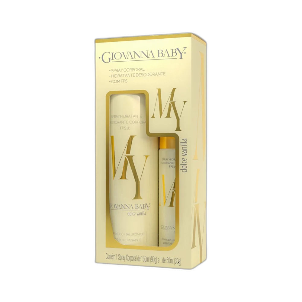 Kit Giovanna Baby Spray Corporal My Vanilla em embalagem retangular amarela clara com detalhes dourados